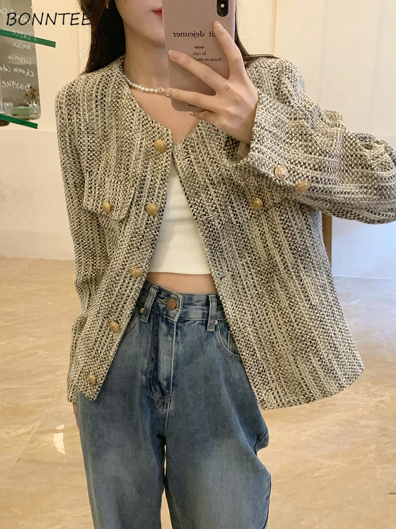 

Jackets Women O-neck Ins Autumn Winter All-match Elegant Korean Fashion Fake Pockets Design Harajuku Gentle Stylish Clothing