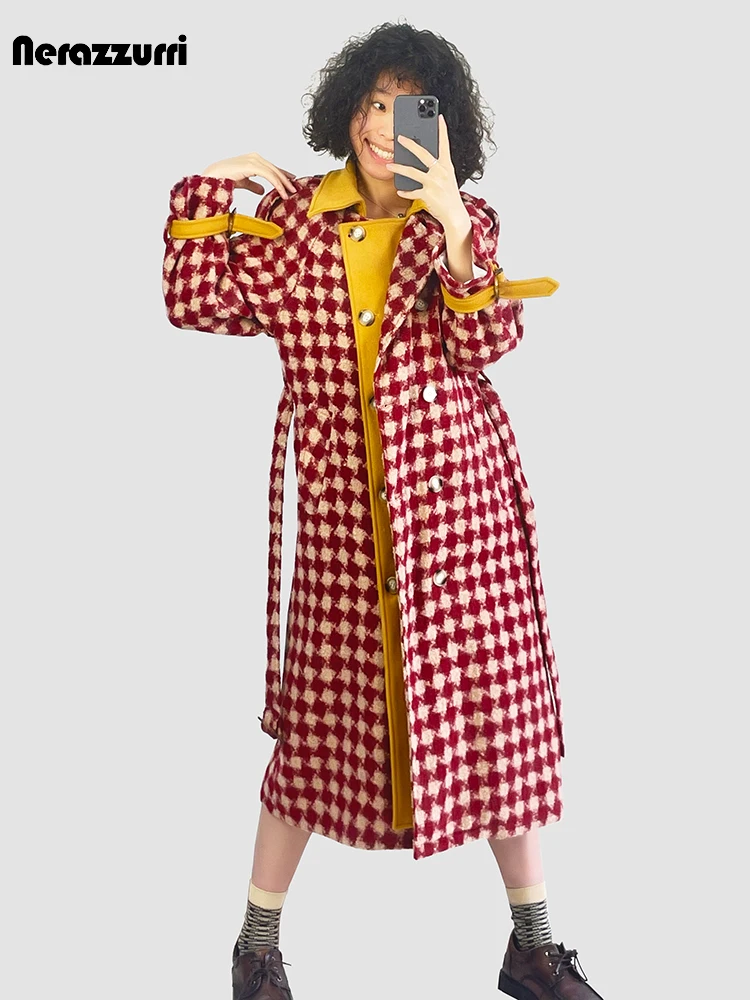 Lautaro Autumn Winter Long Warm Thick Colorful Plaid Patchwork Woolen Coat Women Sashes Luxury Chic Wool & Blends Overcoat 2024