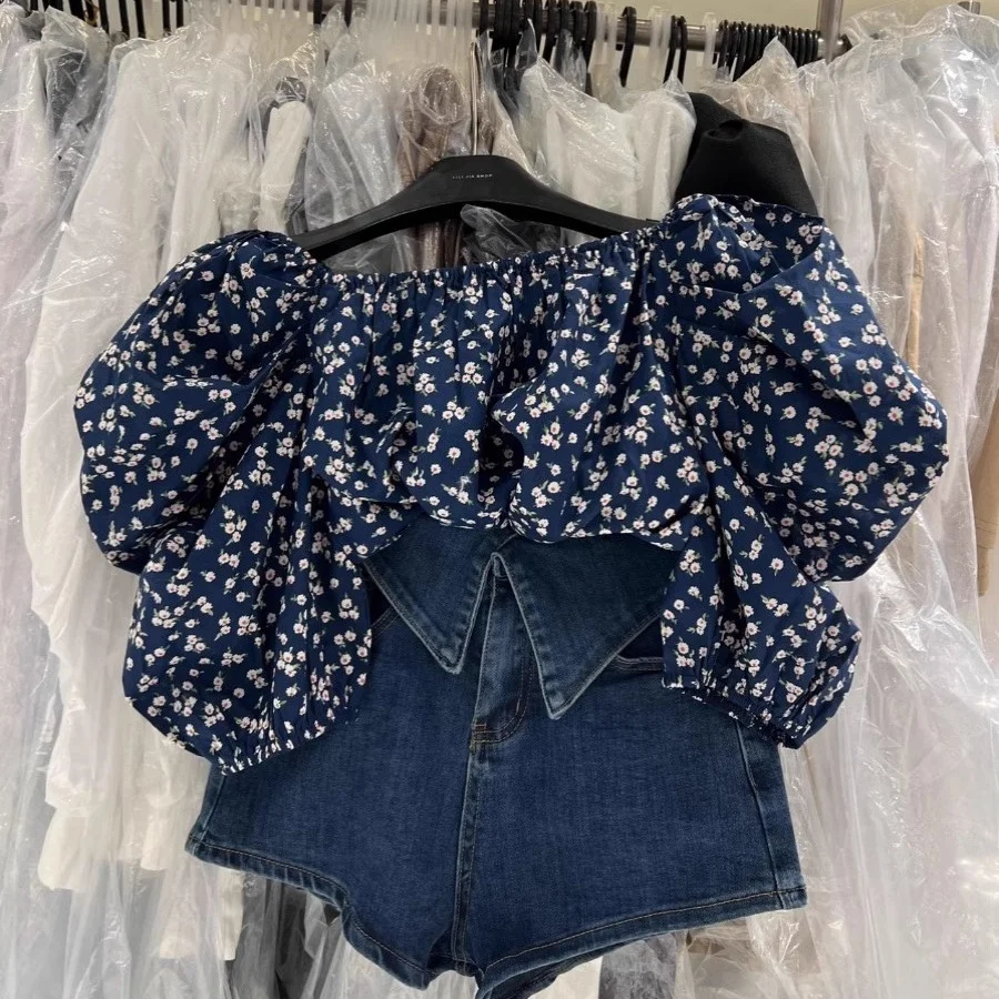 

Women's Chiffon Bubble Sleeve Shirt One-Shoulder Short-Sleeved Floral Design Summer 2025 New Style Loose Fit Versatile Top