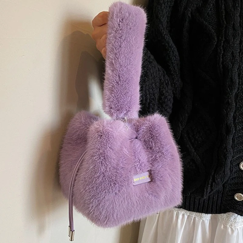 

Модные женские сумки-ведра из искусственного меха, зимние пушистые женские сумки-клатчи, однотонные плюшевые женские сумки-мессенджер с цепочкой