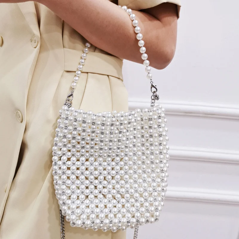 Pearl New In Handbag moda donna Retro semplice borsa di cristallo intrecciata a mano versatili borse di perline acriliche 2023 fuchappaight cofea