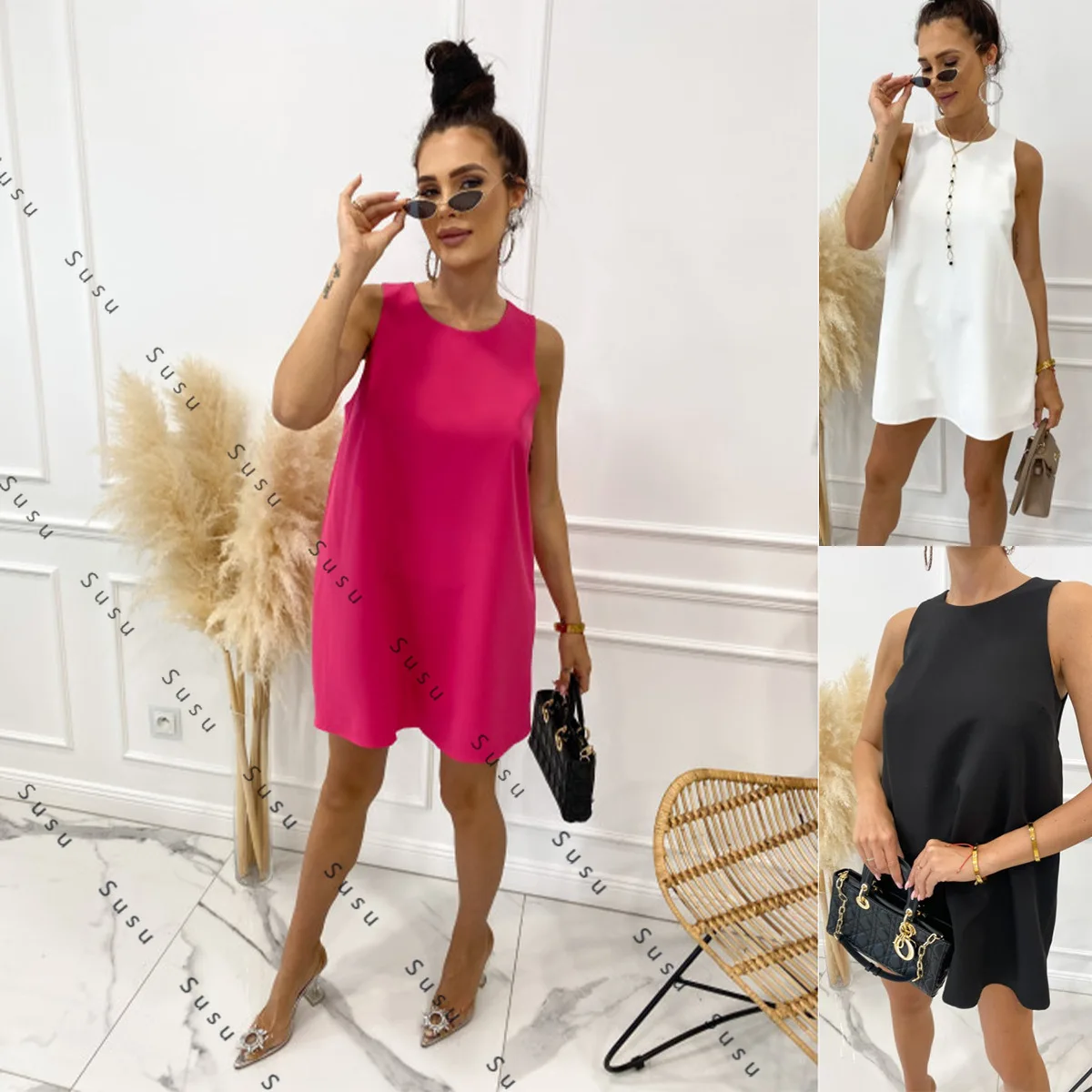 

2025 new European and American women's clothing solid color jumpsuit sleeveless casual top women's imitation dress 6070