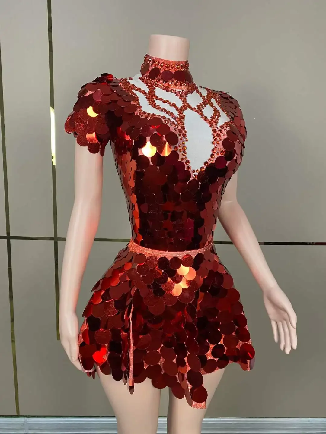 

Women Sequins Shinning Cheerleading Las Vegas Show Club Short Dress Ballroom Party Show DJ DS Night Bar Flash Red