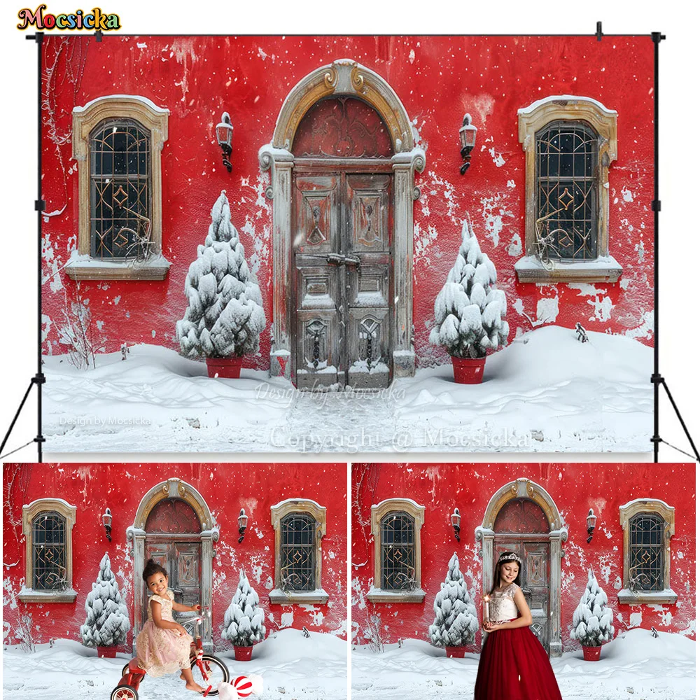 

Winter Christmas Background Vintage Red House Wooden Door Snowy Xmas Tree Backdrop Decor Kids Family Photo Outdoor Photo Studio