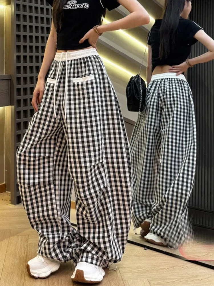 Pantaloni scozzesi retrò Harajuku Pantaloni larghi casual a vita alta da donna Streetwear Pantaloni larghi vintage americani Bf Novità