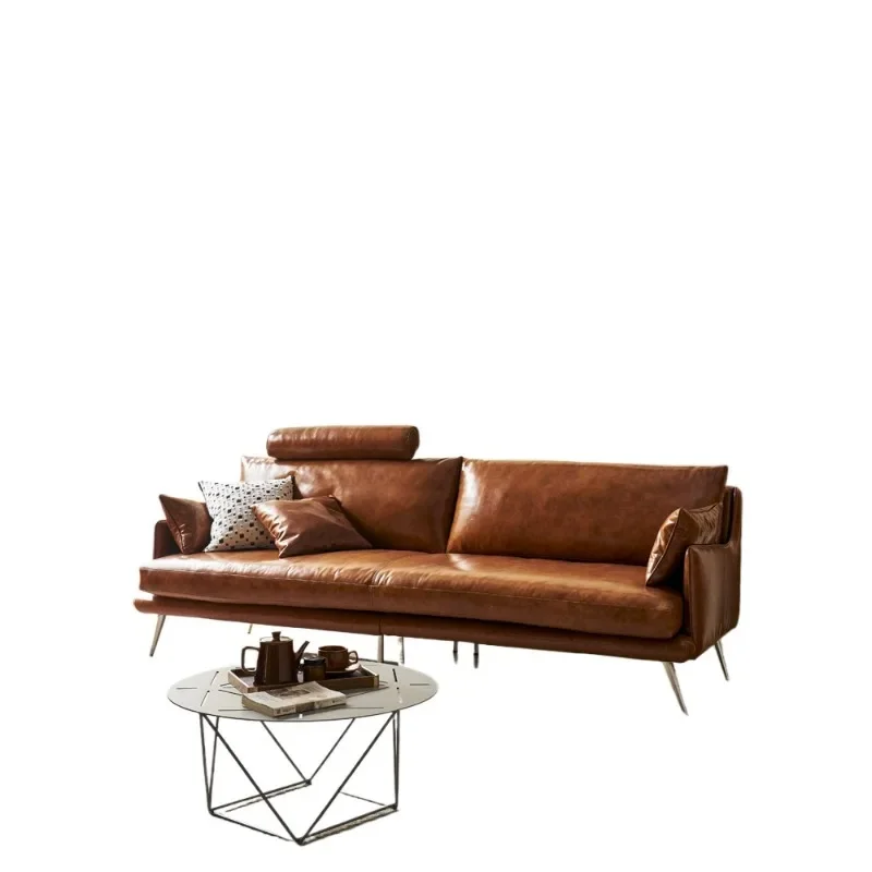 

Oil wax leather sofa first layer cowhide, living room small apartment high-end medieval American French retro caramel color