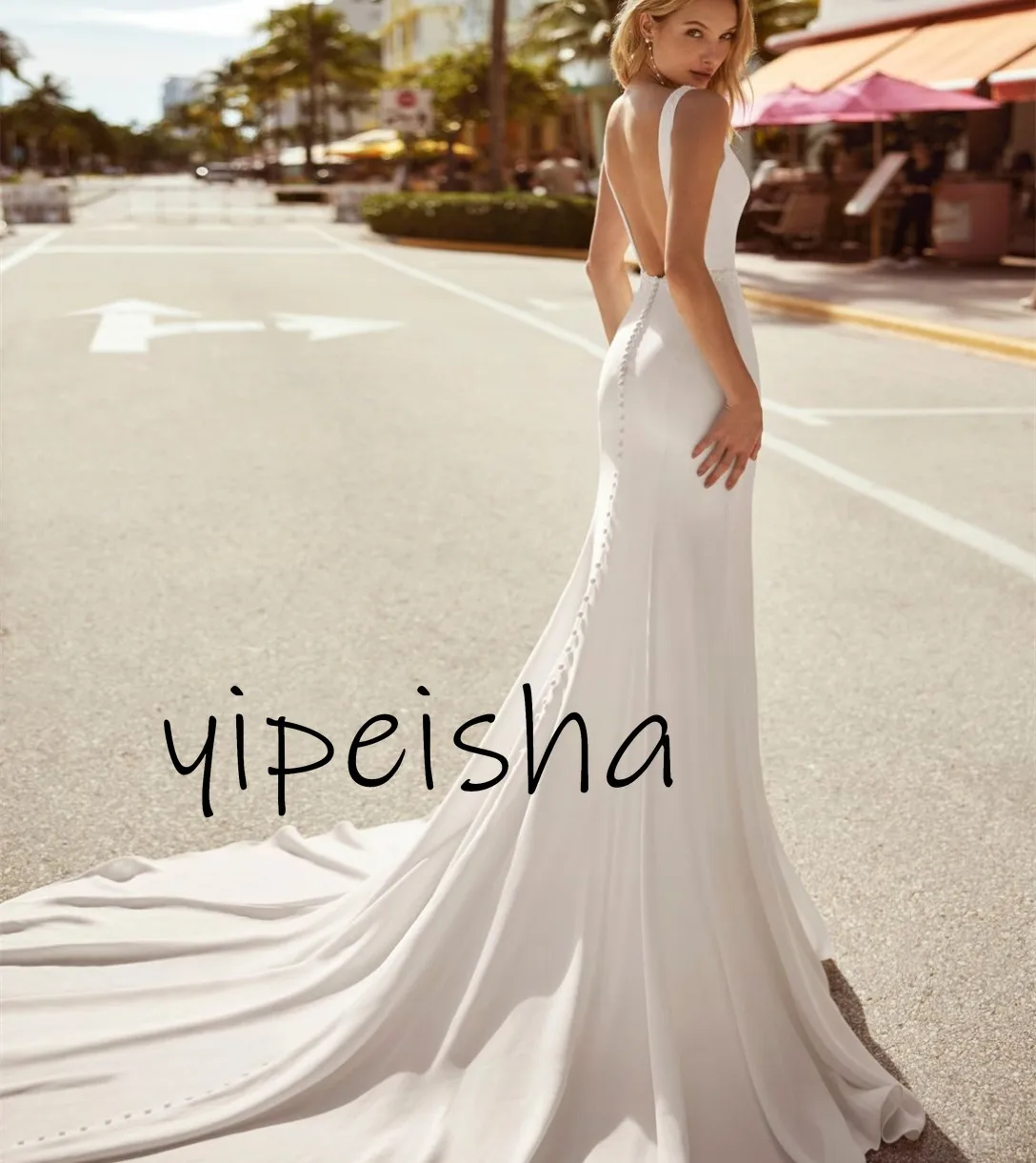 Customized yipeisha Elegant Sweep Train Brides Dress Long Crepe Square Neck Wedding Dresses Lace Mermaid Ivory wedding dress