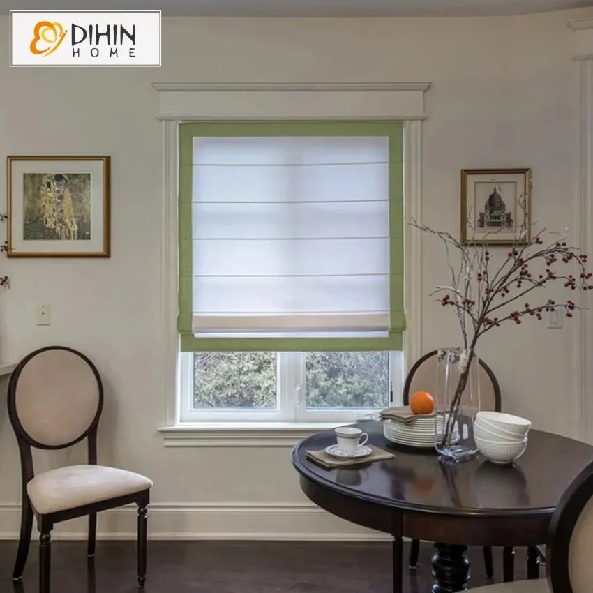 

Modern Cotton Linen White With Green Four Border Trims Roman Shades Light Filter / Blackout Blinds Mechanism