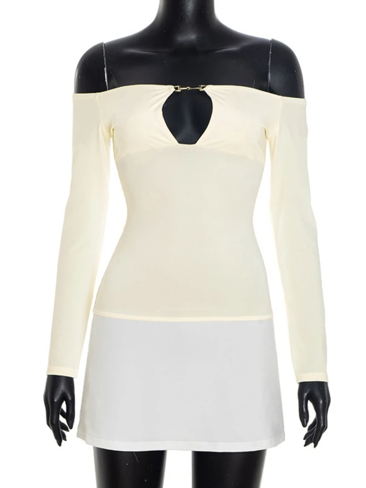SsTss 2025 otoño fuera del hombro de manga larga Mini vestido ajustado mujeres moda Color Match Slash Neck recortado vestido ajustado de una pieza