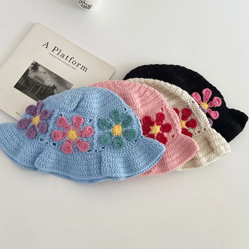 Japanese Niche Colorful Flowers Hollow Knitted Bucket Hats for Women Spring and Summer Vacation Fashion Versatile Basin Caps