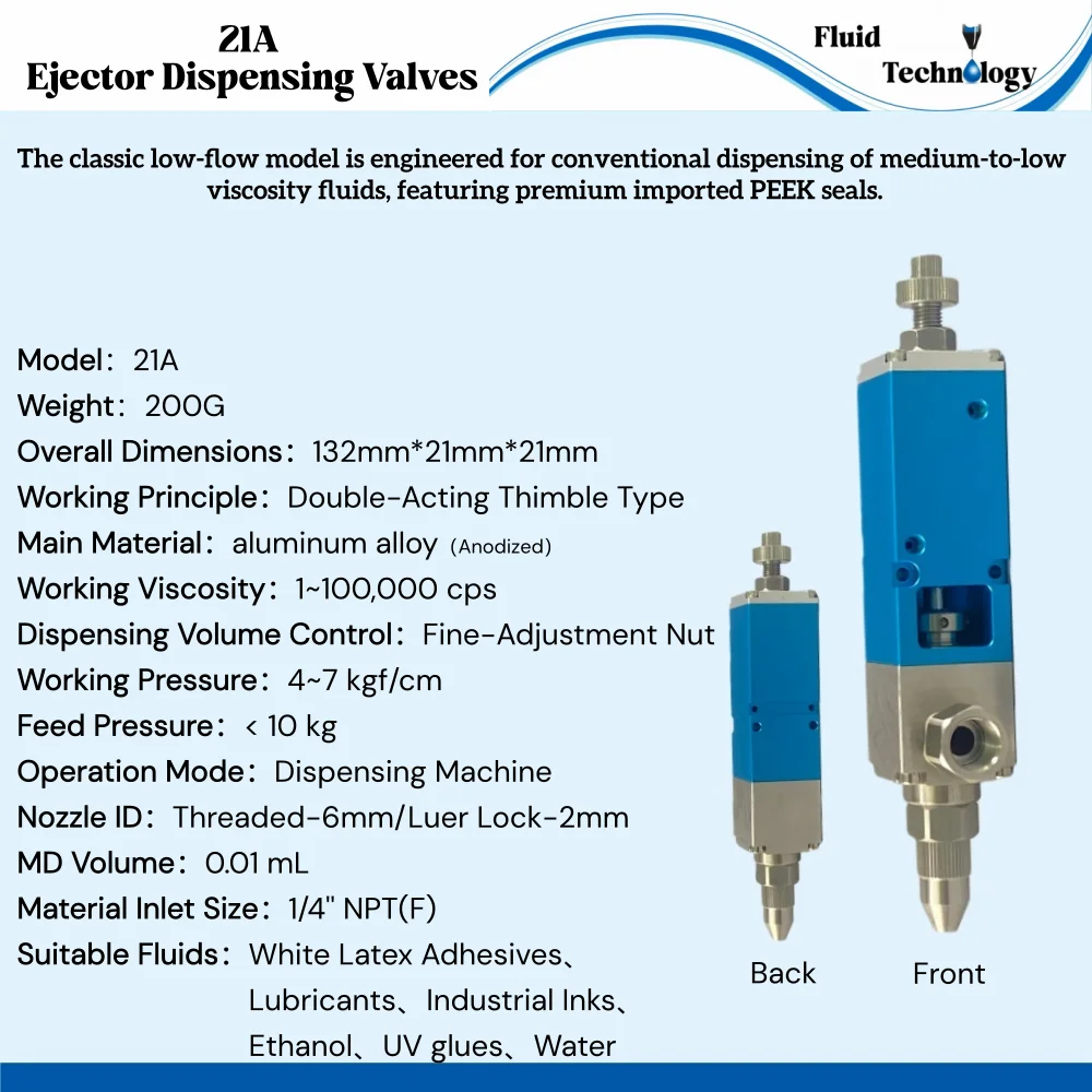 

Промышленный дозирующий клапан 21A для одной жидкости, тип «пальчик», с точной регулировкой, одноразовый, малопоточный клапан для клея, OEM
