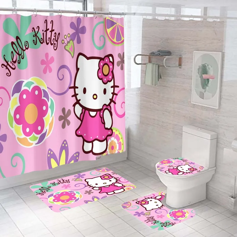 4pc/set Sanrio Shower Curtain With Hook Hellokitty Kuromi Mymelody Cartoon Curtains Waterproof Polyester Bathroom Gift 180x180cm