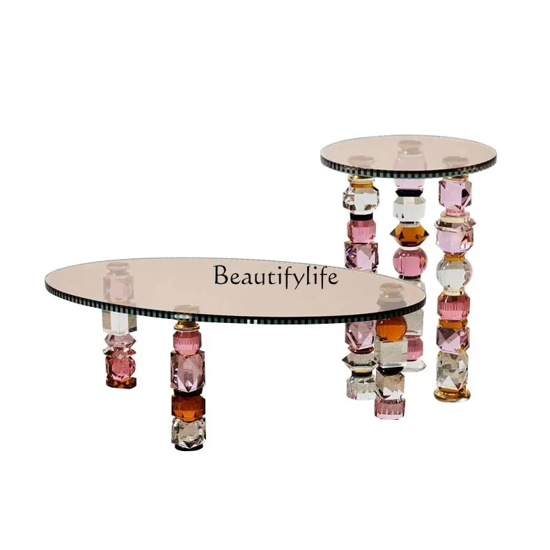 

Italian light luxury round tempered glass coffee table combination colored crystal edge table