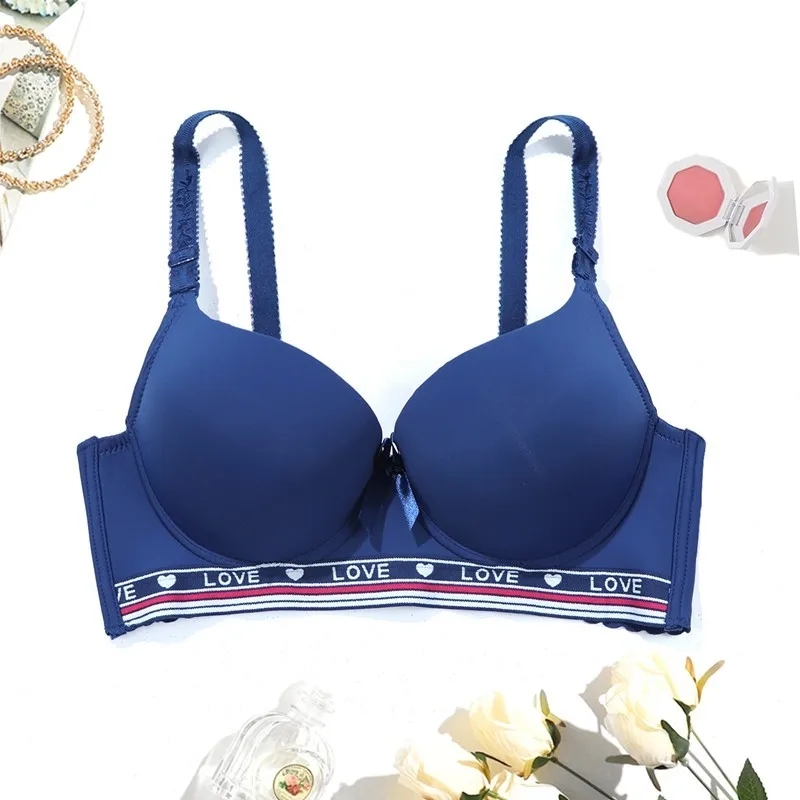BEAUWEAR-Sutiã sem costura push-up para mulheres, gancho de quatro fileiras, decoração do alfabeto, roupa interior de aço, copo C