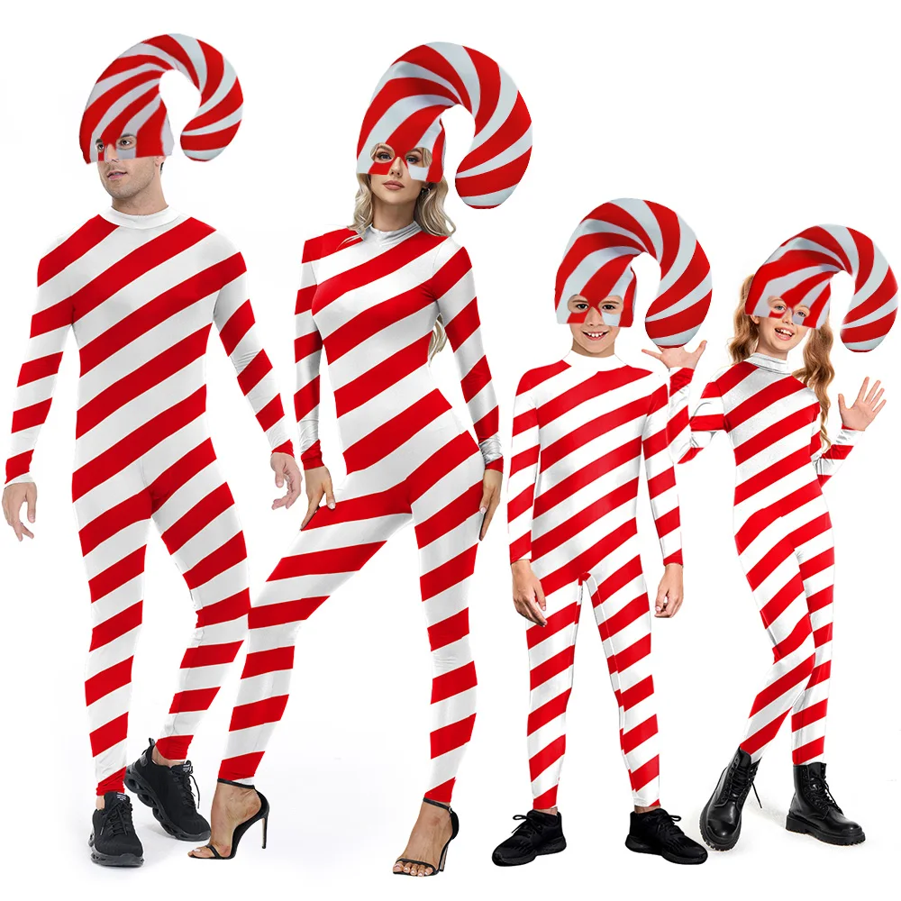

White Red Stripes Candy Cane Cosplay Costume Christmas Long Sleeve Jumpsuit Festival Family Matching Set Carnvial Party Outfits