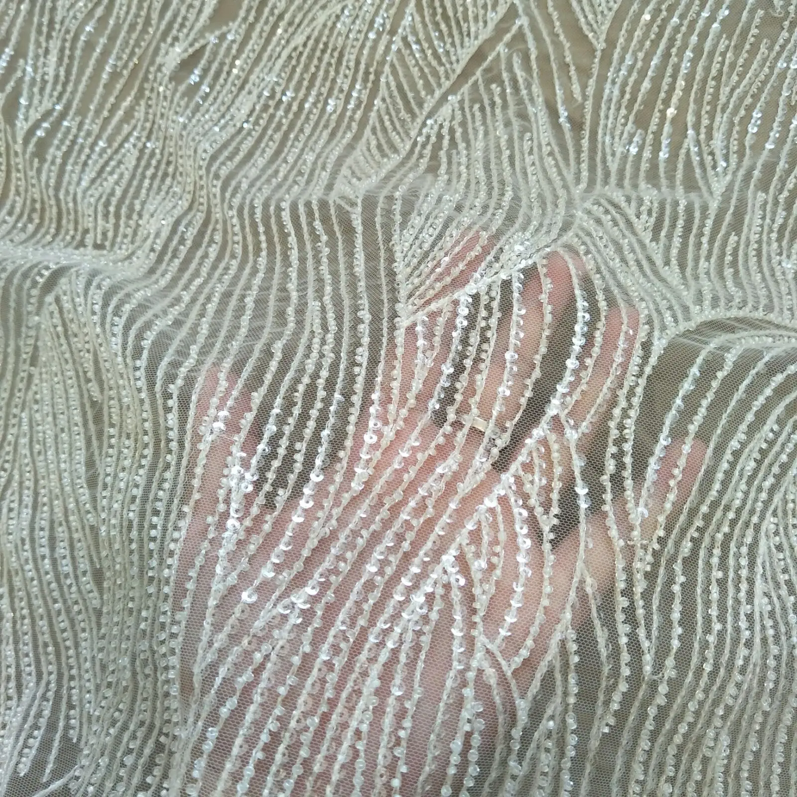 

Ivory Bridal Wedding Gown Dress Fabric 130cm Width Fashion Lace with Beadings Sell by Yard