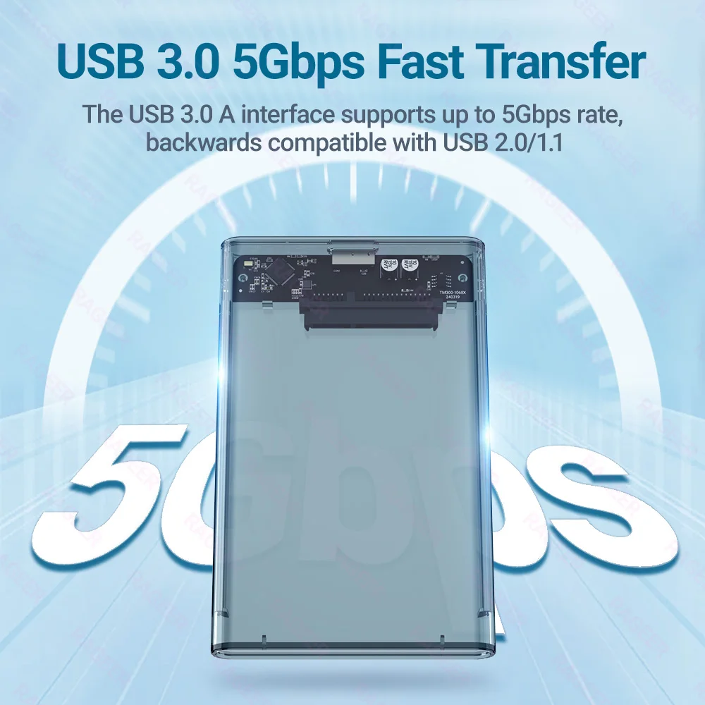 RAGEER Werkzeugloses, transparentes graues 2,5-Zoll-Externes Festplattengehäuse USB auf SATA III 5 Gbit/s Festplattengehäuse für 7 mm/9,5-mm-Laufwerke mit UASP