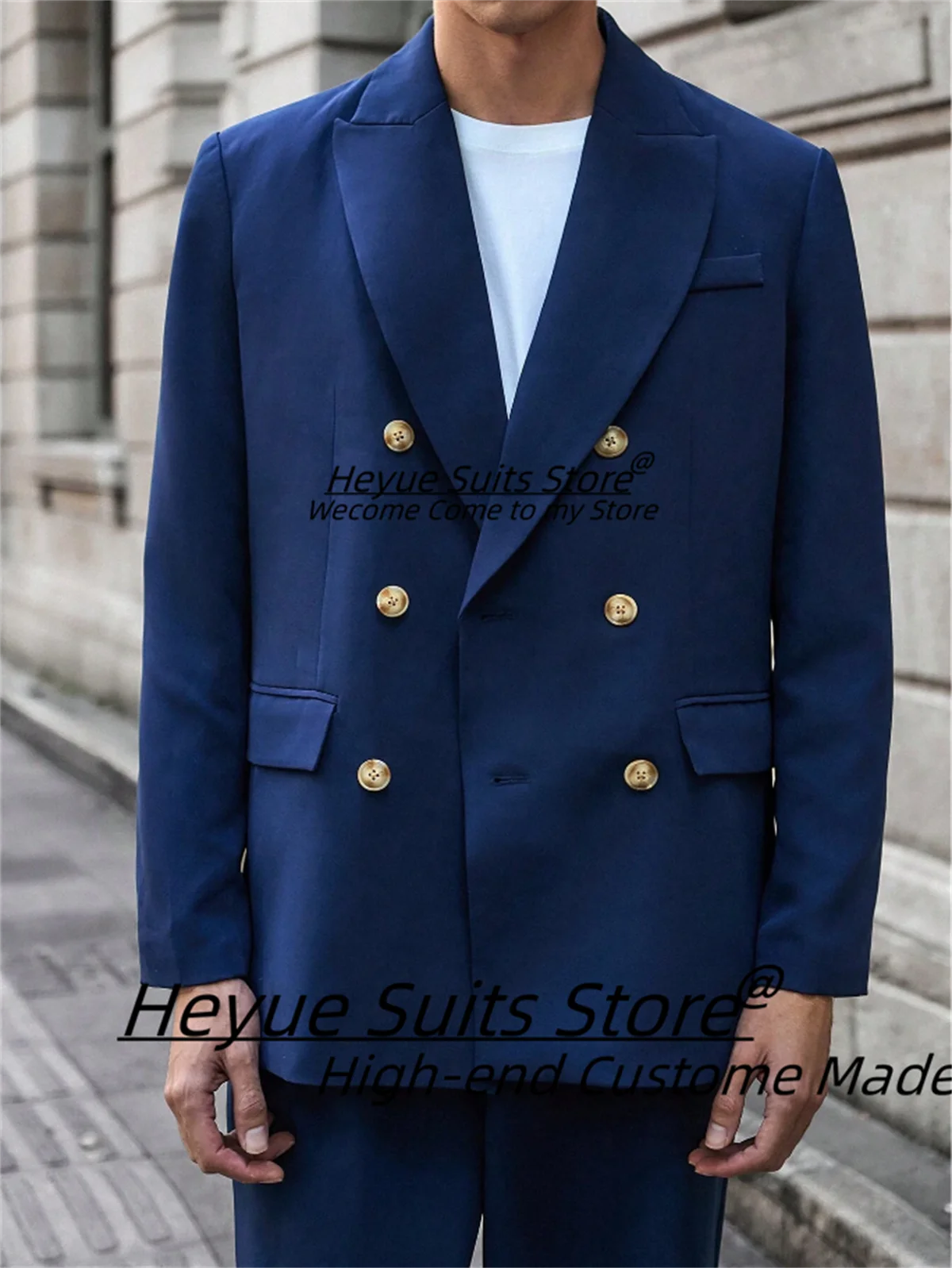 Handsome Blue Loose Prom Men Suits Double Breasted Peak Lapel Groom Tuxedos 2Pieces Sets High-qublity Male Blazers Costume Homme