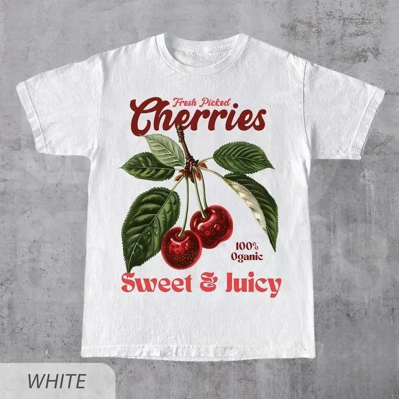 

Women's Fresh Picked Cherries T-Shirt Vintage Fruit Print Organic Sweet Juicy Graphic Tee Summer Foodie Gift Top