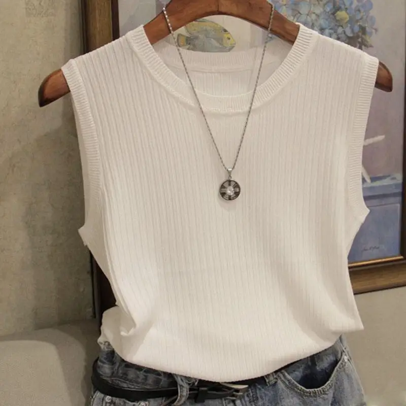 2024 Summer New Fashion Knitted Vests O-neck Sleeveless Casual Thin Tops Sleeveless Blouse Women Shirt