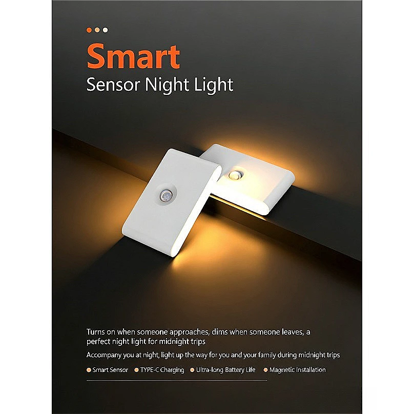 

Wireless Magnetic LED Night Light with Human Sensor, Type-C Rechargeable Smart Lamp for Bedroom Hallway Closet
