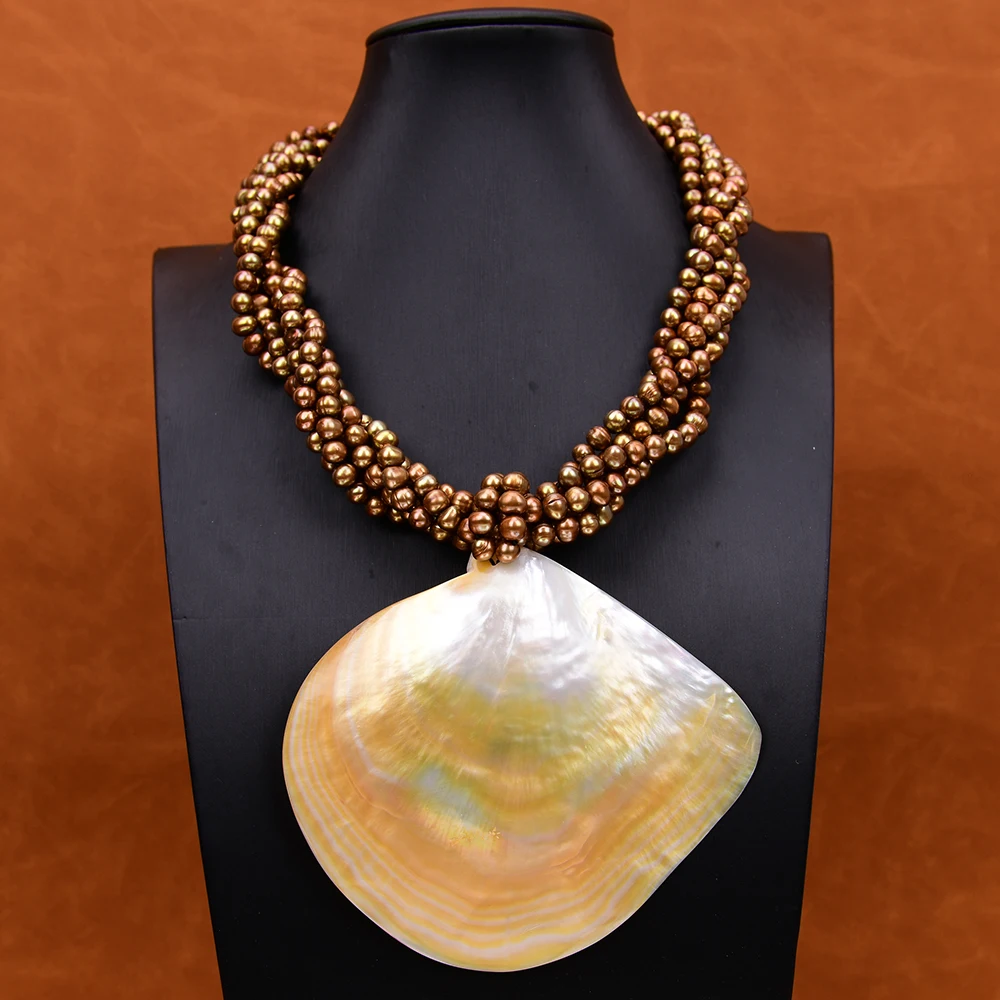 G-G 19\'\' 5 Rows Natural Coffee Potato Round Pearl Necklace Big Yellow Sea Shell Pendant Handmade For Lady