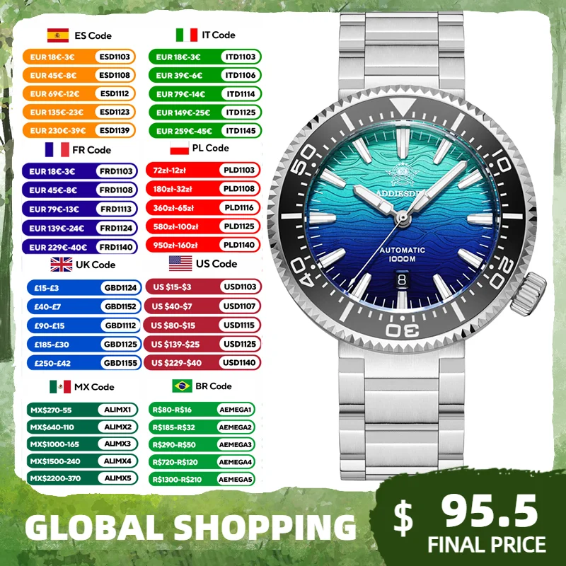 ADDIESDIVE AD2526 Luxury Diver Watch Automatic Japan 8215 1000M Sapphire Glass Ceramic Bezel BGW9 Lume Gradient Fiery Cloud Dial