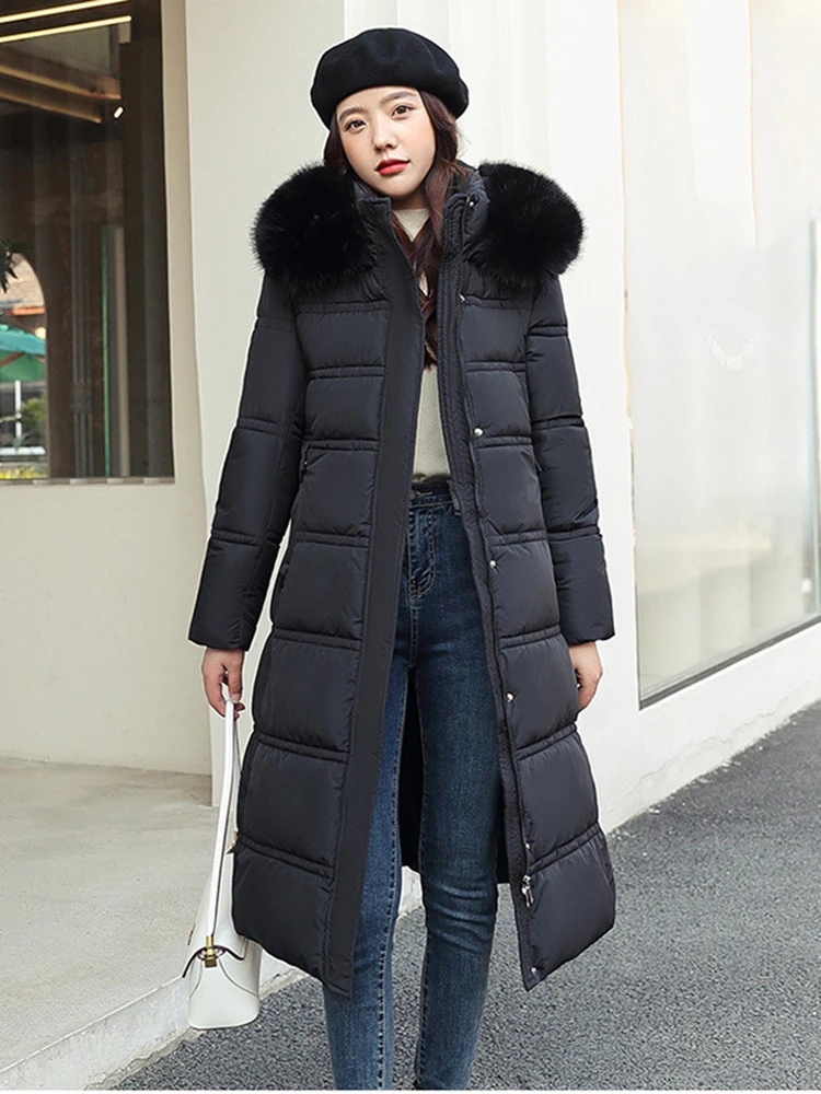 New Winter Long Cotton Down Coats Snow Fur Parka Thicken Warmer Belt Big Pocket Puffer Jacket Over Knee Length Outerwear