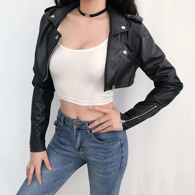 Street Motorcycle Pu Leather Crop Jacket Women Zipper Black Faux Leather Coats Autumn Streetwear Long Sleeve Fall Female Outwear