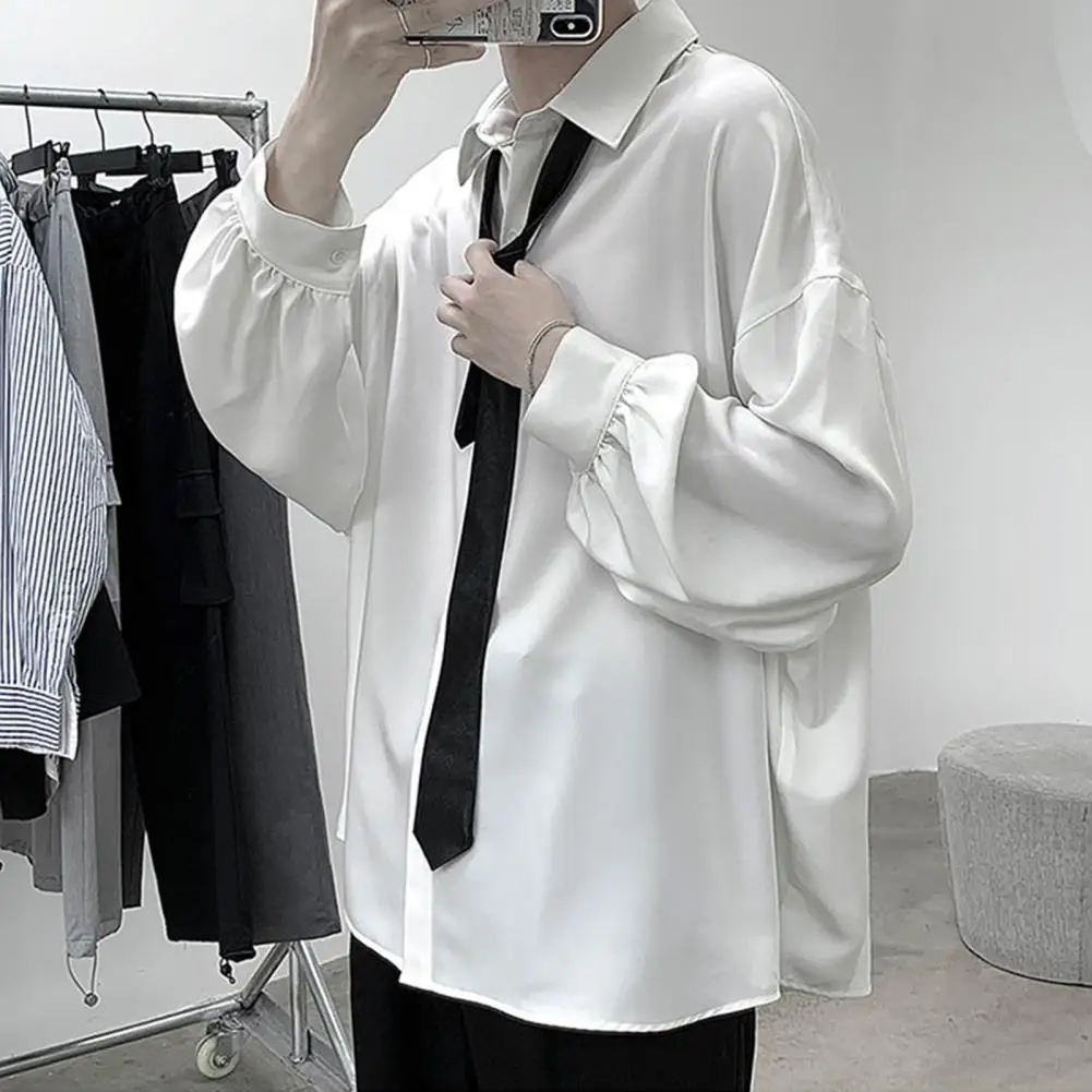 Black Long-sleeved Shirts Men Korean Lapel Single-breasted Men Shirt Spring Autumn Loose Fit Solid Color Shirt with Tie