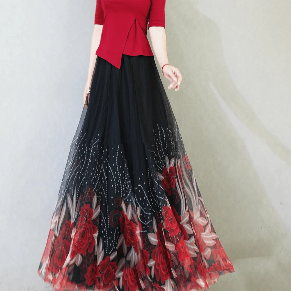 

Ele A-Line Long Skirt National Sle adient Rose Print High Waist Slimming Midi Skirt Flared Skirts for Women