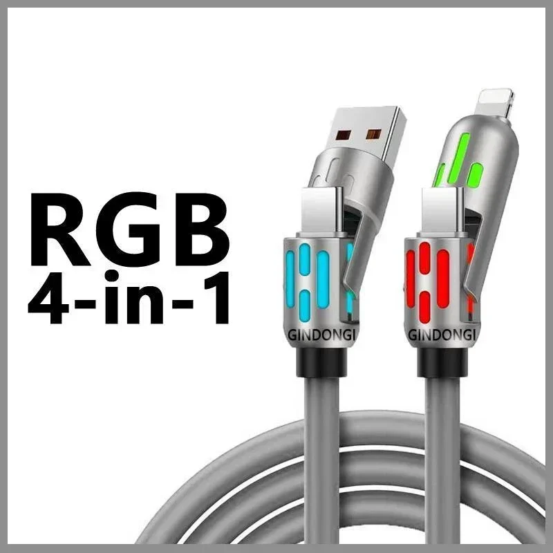 2026 ترقية كابل شحن USB متعدد 4 في 1 بطول 4 أقدام (USB A/Type C/Lightning) - بحد أقصى 240 وات شحن سريع ومزامنة البيانات، ضوء التنفس