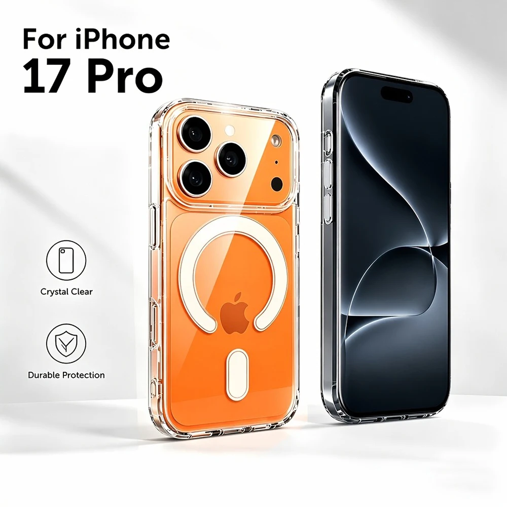 Nueva Funda Magnética Transparente de Lujo para iPhone 17 16 15 14 13 Pro Max 17Pro, Compatible con Carga Inalámbrica Magsafe, Carcasa Trasera Transparente, fundas de iphone 17 15 13 pro max