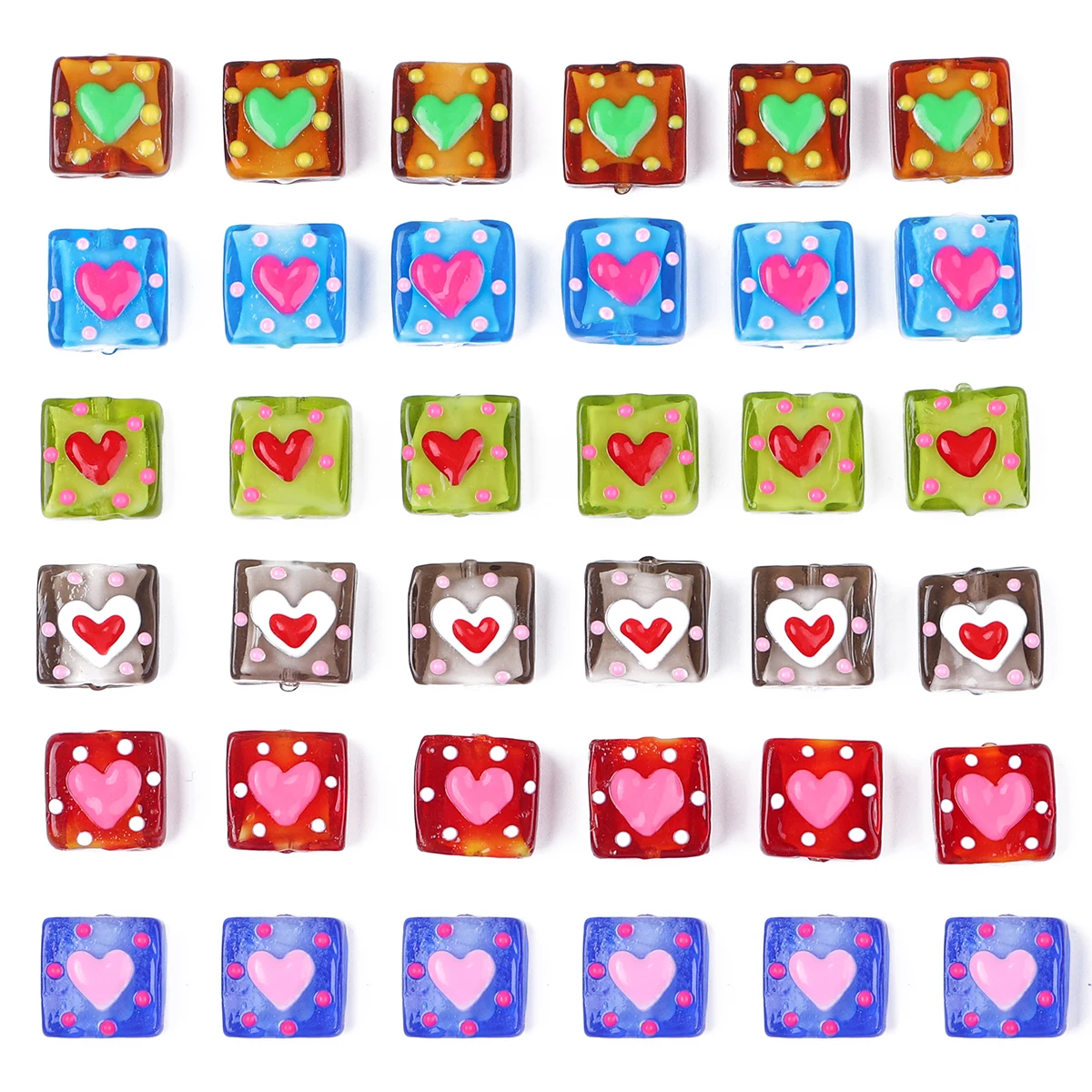 1PC Handdrawn Cartoon Dot Love Glass Straight Hole Beads Glass Square Beads DIY Handmade Bracelet Necklace Bead Material