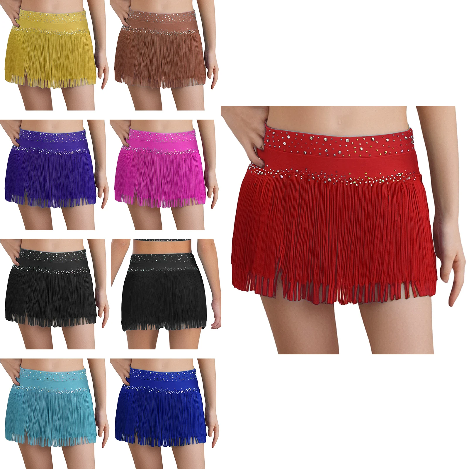 Kids Girls Latin Dance Costume Sparkling Rhinestones Tassel Briefs Skirt Solid Color Stage Performance Lyrical Jazz Dancewear