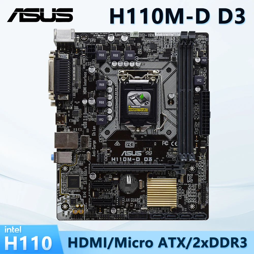 ASUS H110M-D D3 Used Motherboard LGA 1151 Socket for Intel 6th Core i3 i5 i7 Processors 2x DIMMs Max. 16GB DDR3 Micro ATX