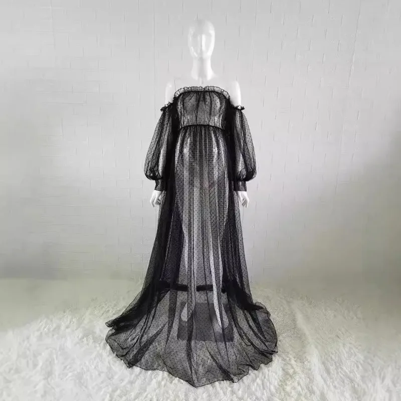 European Maternity Portrait Gown - Polka Dot Mesh Off-Shoulder Photography Dresses with Puff Sleeves & Cathedral Train Pregnancy