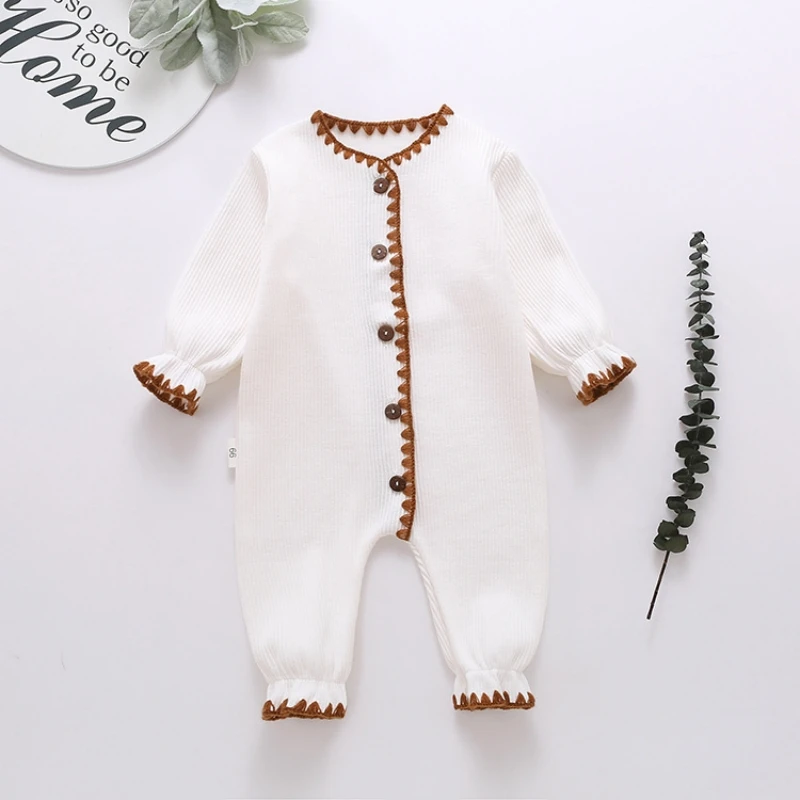 Babies Toddlers Spring Autumn Newborn Clothes Crawling Clothes One-Piece Clothes Cotton Long Sleeves Simple Solid Color Unisex