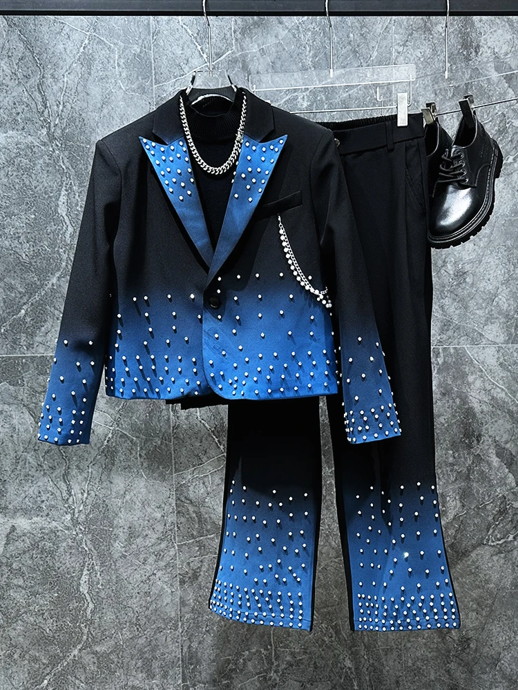 

Модный мужской костюм-двойка с градиентной окраской и стразами: стильная и повседневная одежда для молодых мужчин