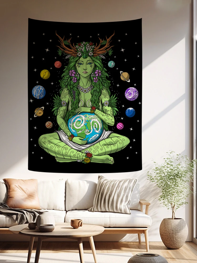 نسيج Gaia Mother Earth للتعليق على الحائط، نسيج فني آلهة الطبيعة، نسيج هيبي روحي لغرفة النوم المنزلية، ديكور النوم