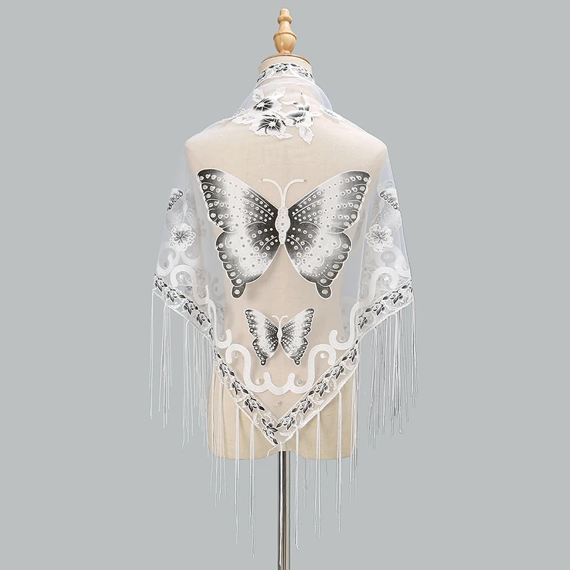 Fashion Triangle Scarf Butterfly Embroidery Lace Tassel Shawl For Women Headband Elegant Breathable Windproof Wraps 150*65cm