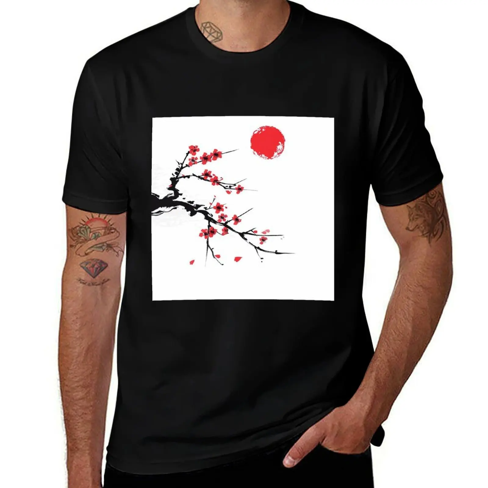 

Traditional, Ancient Japanese Tree with Cherry Blossoms, Red Sun Background T-Shirt Basic Casual Wear Short Sleeve Top