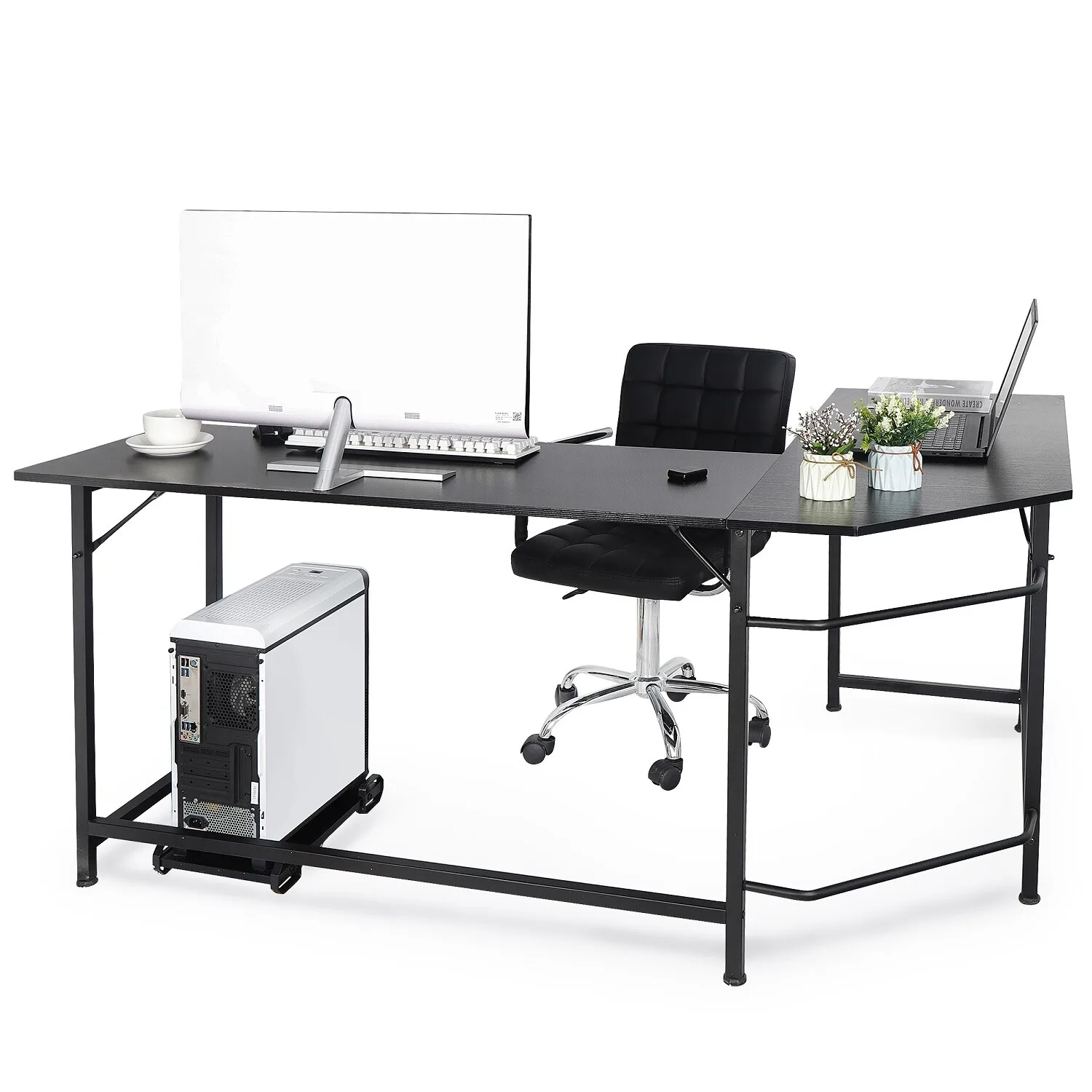 

L-shaped corner computer gaming laptop desk for office, black workstation, for home use