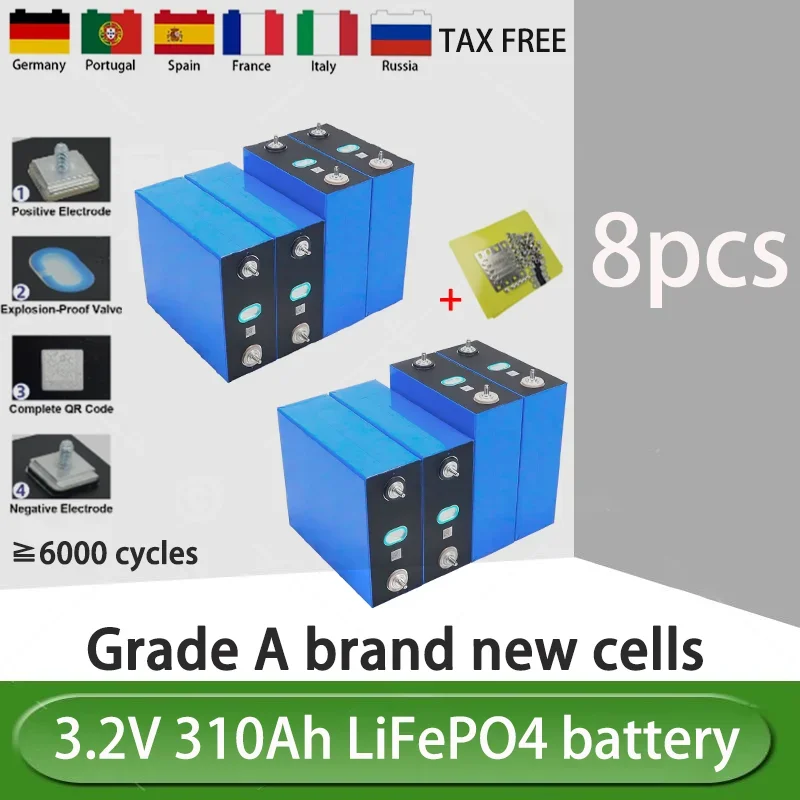 

8pcs new A-grade3.2V 310Ah LifePO4 battery DIY 24V suitable for electric vehicle grade solar high-quality rechargeable batteries