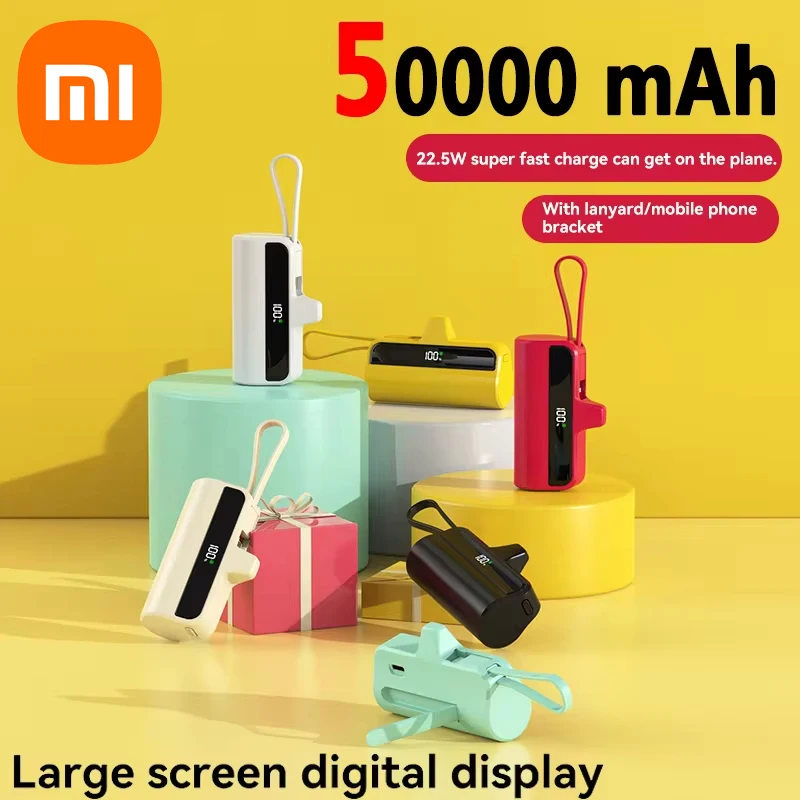 Xiaomi 50000mah Mini Capsule Power Bank Built In Cable Stand Powerbank Portable Pocket External Battery Type-C Ios Interface