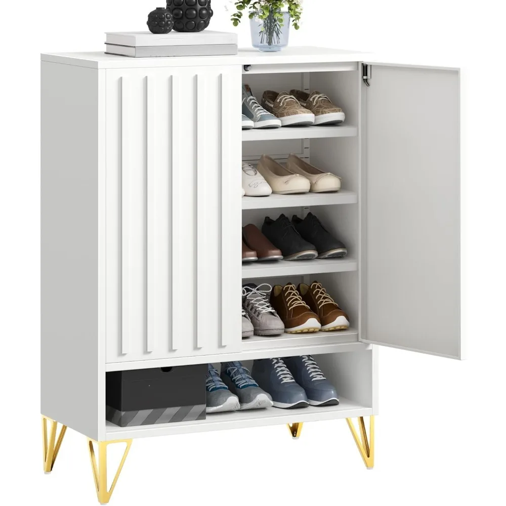 Metal Shoe Cabinet, 5 Tier Storage Cabinet with 2 Doors, Fluted Entryway Shoe Rack Cabinet, Free Standing Shoe Organize