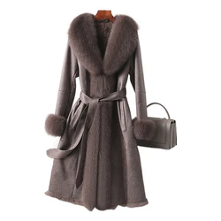 2021 New Real Double Face Rabbit Fur Coat Women's Mid-Length Winter Close-Fitting Leather Fox Fur Collar Cuffs Fur Garments