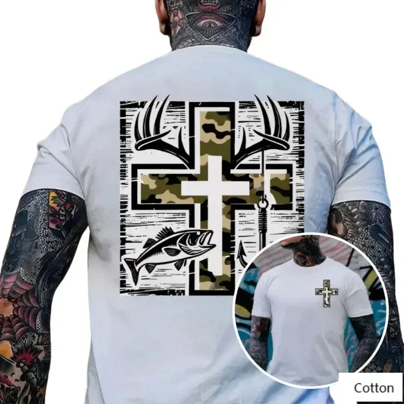 Hunting Fishing Camo Cross Print T-Shirt, Pure Cotton Casual Neutral, Outdoorsman Street Fashion, Short Sleeve