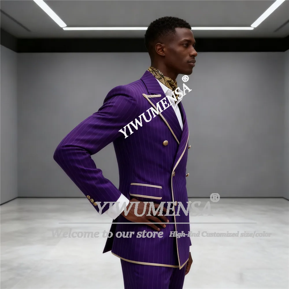 Pruple Vertical Striped Suit Attire For Men Double Breasted Jacket Pants 2 Pieces Sets Costume Homme British Style Prom Blazers