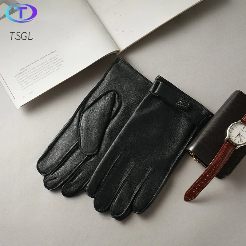 

New Arrival Full Finger Men Genuine Sheepskin Leather Gloves Autumn Winter Warm Touch Screen Windproof Black Business Gloves